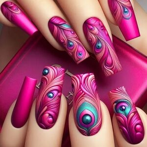 🔥3/$21 Magenta Peacock Press On Nails